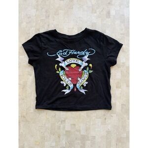 Ed Hardy "Love Kills Slowly" Heart Graphic Black TShirt Crop Top Y2K Size M
